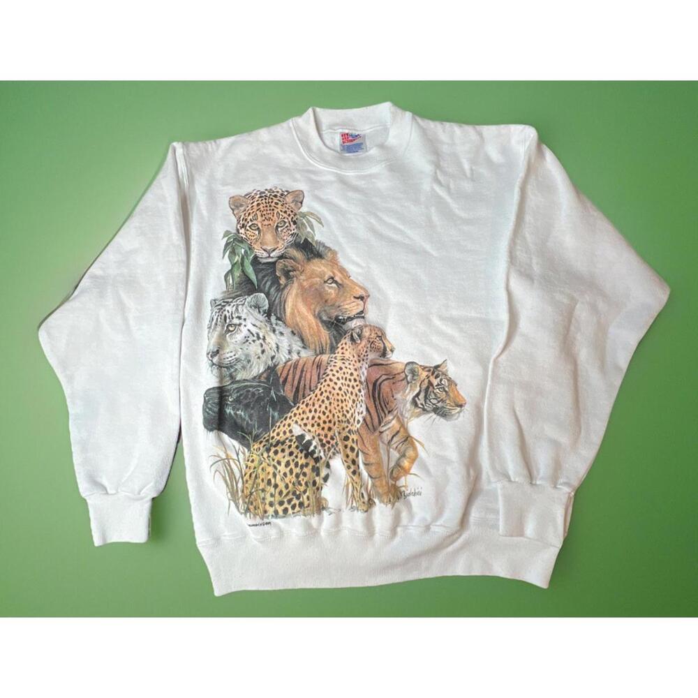 VINTAGE 80s Harlequin NG 1989 Tiger Lion Leopard Crewneck Large  Rock RARE VNTG